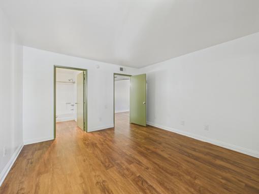 A room with a wooden floor and two green doors.