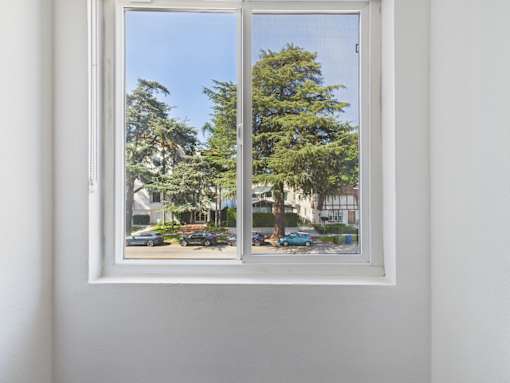 A white window with a view of a street with cars and trees.