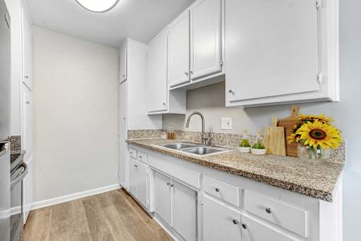 A kitchen with white cabinets and a granite countertop.