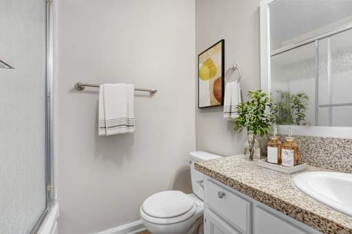 A white toilet sits next to a sink in a bathroom.