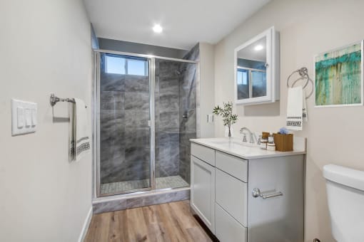 a bathroom with a sink and a shower with a glass door