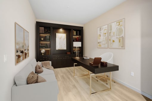 a living room with a couch and a table