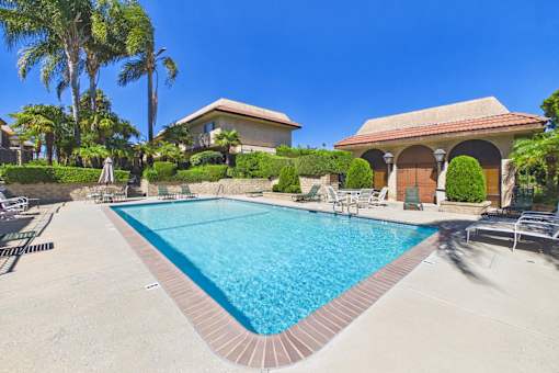 A swimming pool surrounded by a patio and a house.