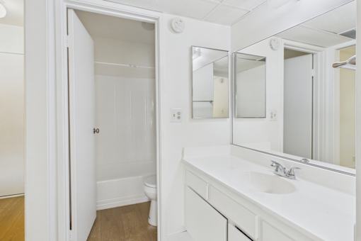 A white bathroom with a sink, mirror, and toilet.