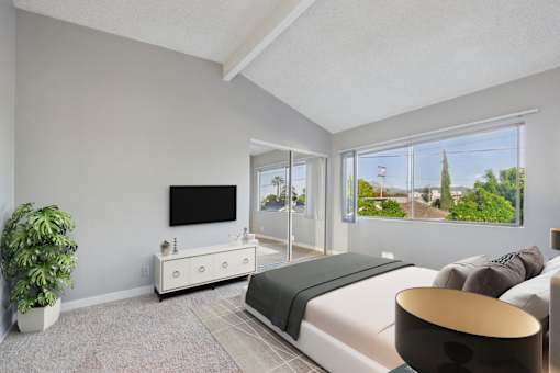 A bedroom with a bed, a television, and a plant.