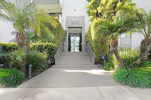 A concrete pathway leads to a glass door with the number 315 on it.