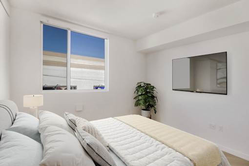 A bedroom with a bed, a mirror, and a plant.