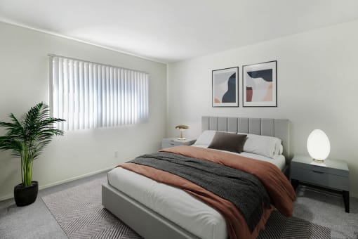an example of a bedroom with a bed and a potted plant