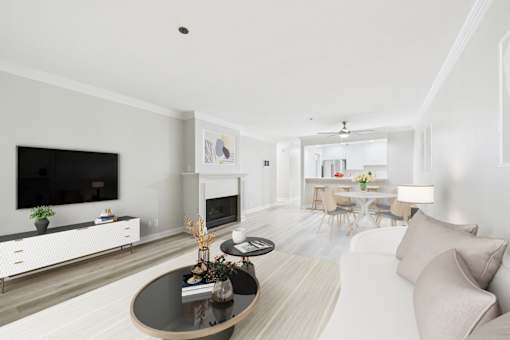 A modern living room with a fireplace and a television.