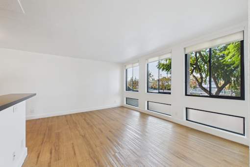 A room with wooden floors and white walls with three windows.