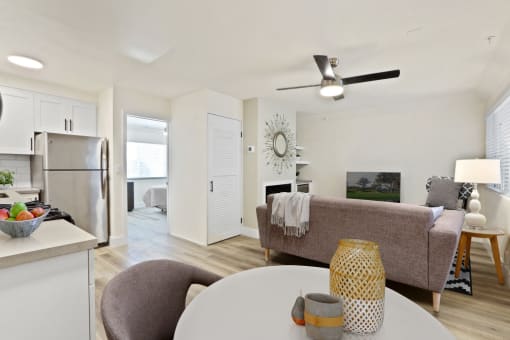 a living room with a couch and a table