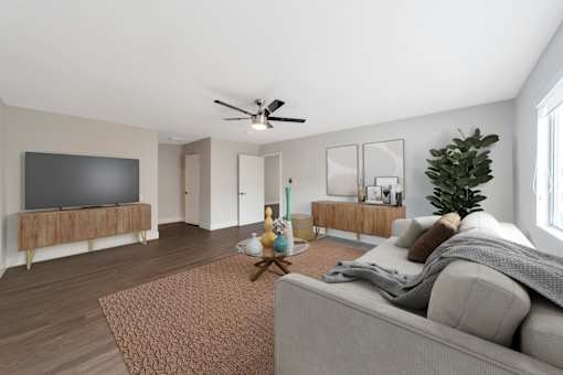 A living room with a grey couch and a television.
