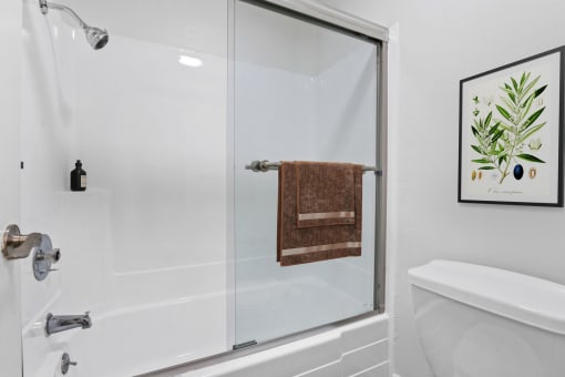 a bathroom with a shower and a toilet and a sink