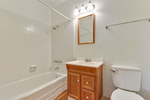 Bathroom with tub and shower combo, single round vanity with wood texture, wood-style flooring