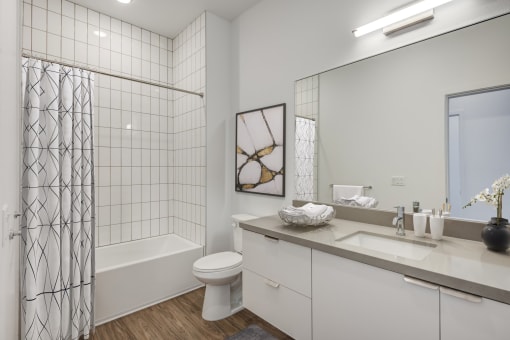 a bathroom with a shower and a sink and a toilet