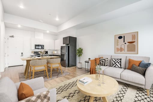 a living room with a couch and a table