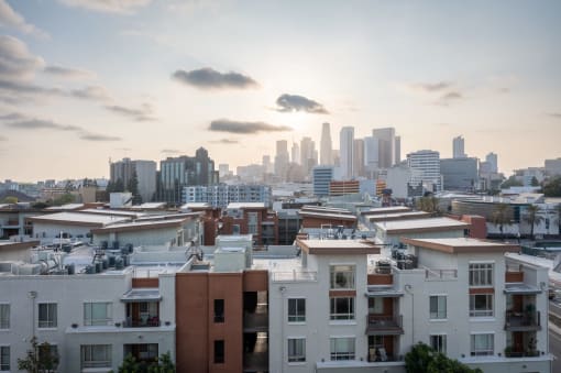 the city skyline at sunset