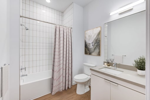 a bathroom with a shower and a toilet and a sink