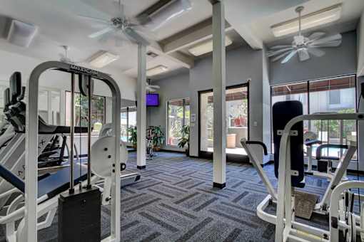 A gym with a variety of equipment including weights and machines.
