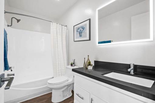 A white toilet sits next to a bathtub in a bathroom.
