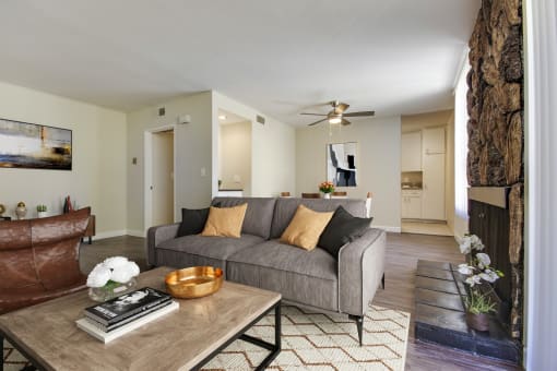 a living room with a couch and a coffee table