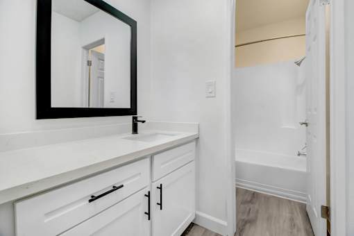 A bathroom with a white vanity and a mirror.