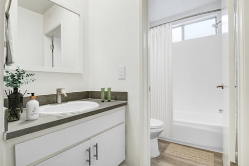 A white bathroom with a sink, mirror, toilet and bathtub.
