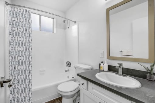a bathroom with a sink toilet and a shower