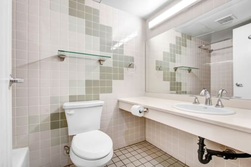 a bathroom with a toilet sink and mirror