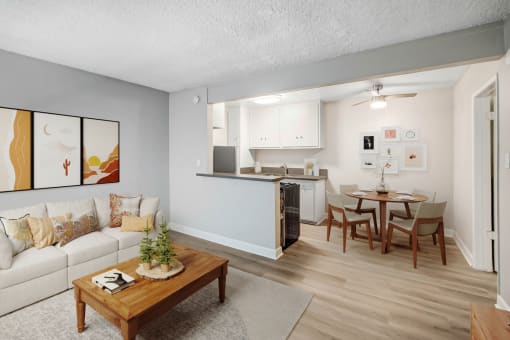 a living room with a couch and a table
