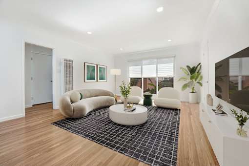 A living room with a white couch and a black and white rug.