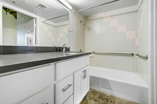 the preserve at ballantyne commons apartment bathroom with tub and sink