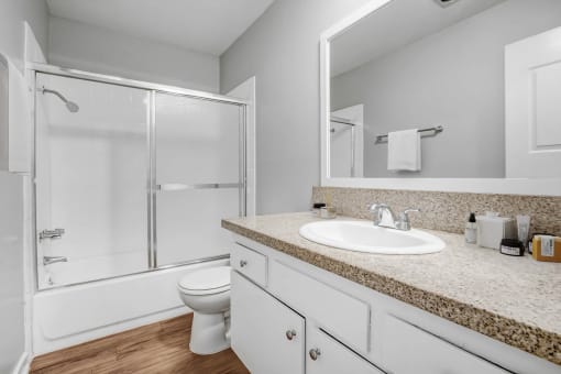 a bathroom with a sink and a shower and a toilet