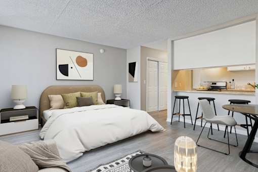 A bedroom with a large bed and a kitchen area in the background.