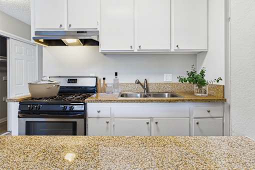 A kitchen with a black stove top oven and a granite counter top.