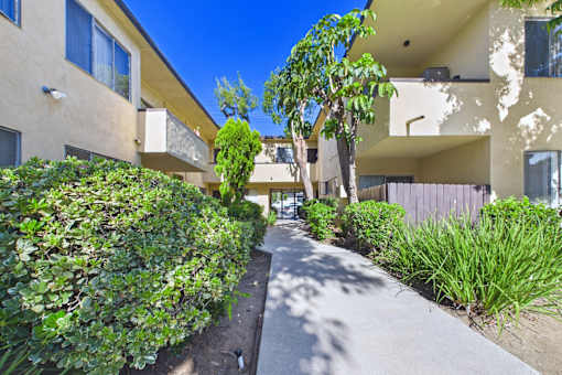 A sunny day at a residential area with apartment buildings and greenery.