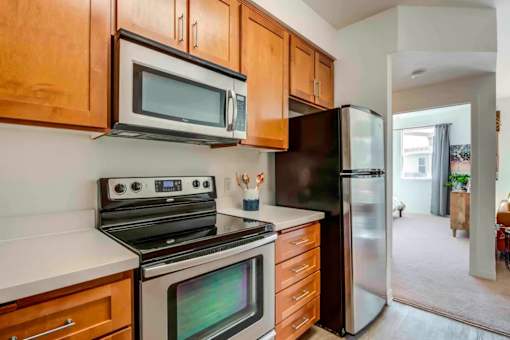 A kitchen with a black refrigerator, stove, and microwave.