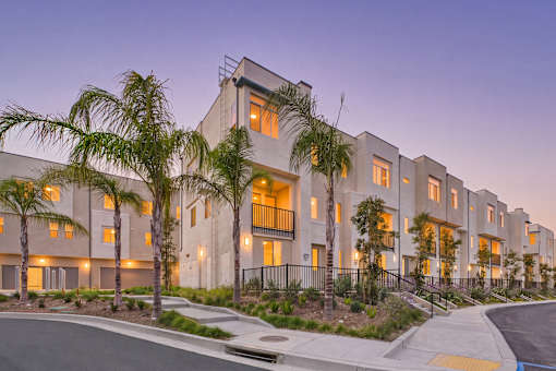 A modern apartment complex with palm trees in front.