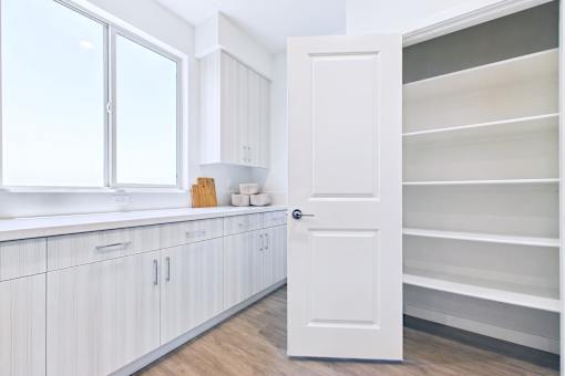 A white door is open to a room with white shelves.