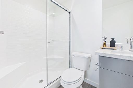 A white toilet sits next to a sink in a bathroom.