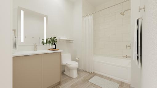 A white bathroom with a toilet, sink, and bathtub.