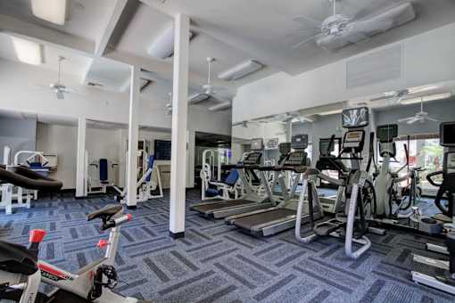 A gym with a variety of equipment including treadmills, stationary bikes, and weight machines.
