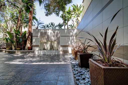 A modern courtyard with a water feature and potted plants.