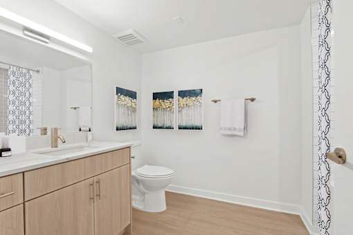 A bathroom with a toilet, sink, and two pictures on the wall.