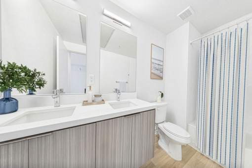 A bathroom with a white countertop and striped shower curtain.