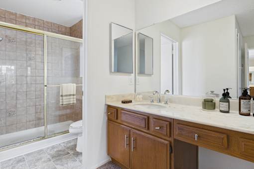 A bathroom with a marble countertop and a walk-in shower.