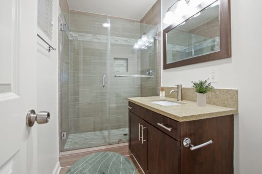 a bathroom with a shower and a sink