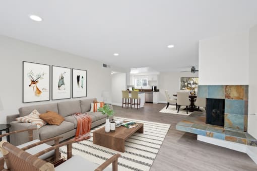 a living room with a fireplace and a couch