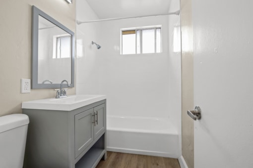 a bathroom with a sink and a shower and a toilet
