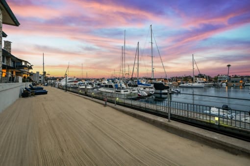 a view of the marina at sunset